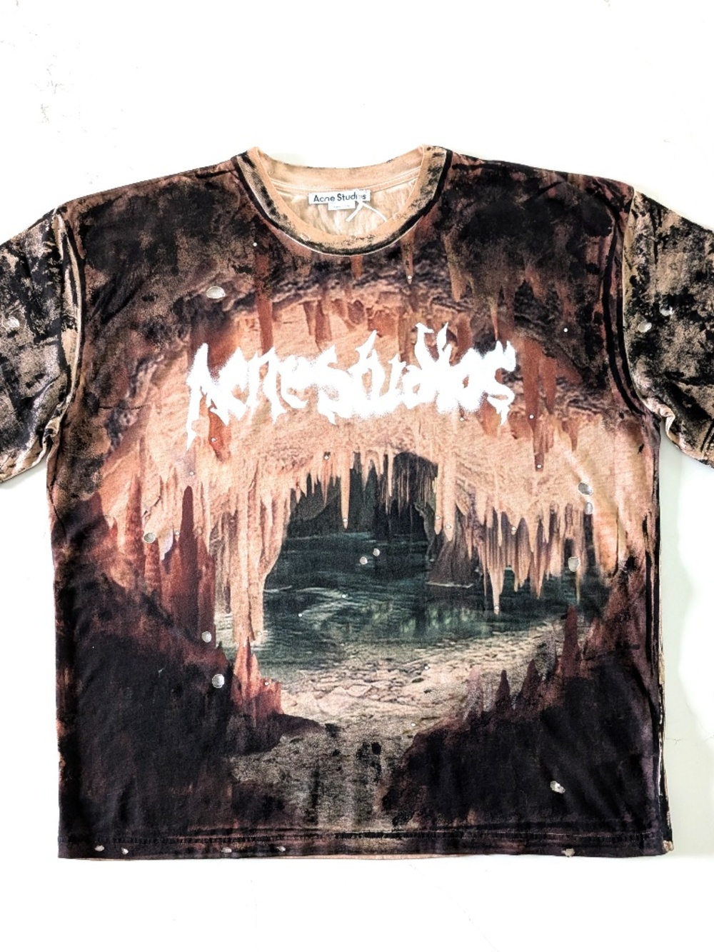 Acne Studios Eresa Cave Distressed Logo T-Shirt Rhinestones Black Brown XL NWT